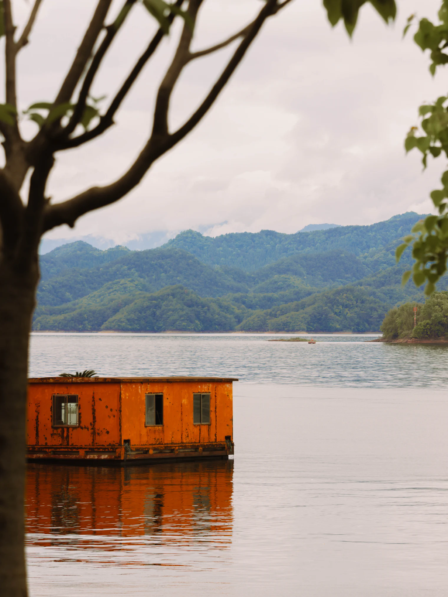 树枝围合的湖景，橙色水上建筑与倒影映在湖面上。