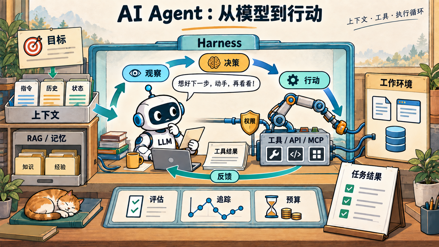 AI Agent 从模型到行动：目标与上下文驱动 LLM 在 Harness 中循环观察、决策、行动和接收反馈，通过工具连接工作环境，并由 RAG、记忆、权限、评估、追踪和预算提供支持。