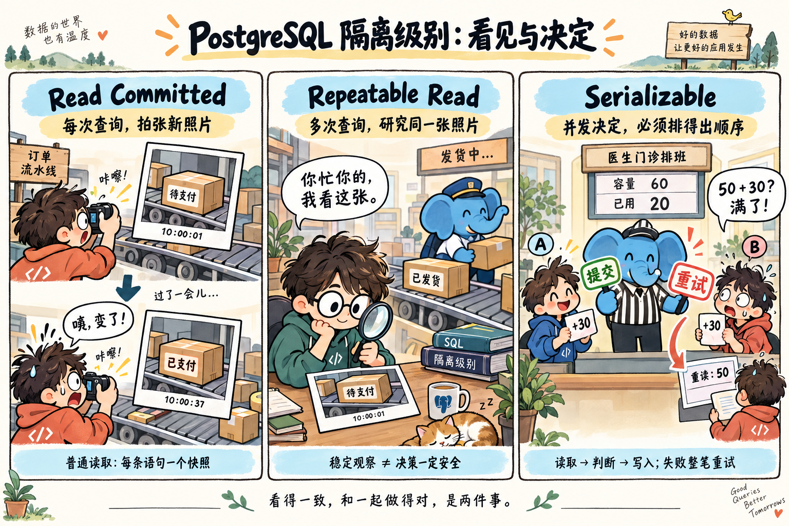 PostgreSQL 隔离级别漫画：Read Committed 每次查询拍新照片，Repeatable Read 研究同一张照片，Serializable 让并发预约的决定能够按某个串行顺序解释，冲突时整笔重试。